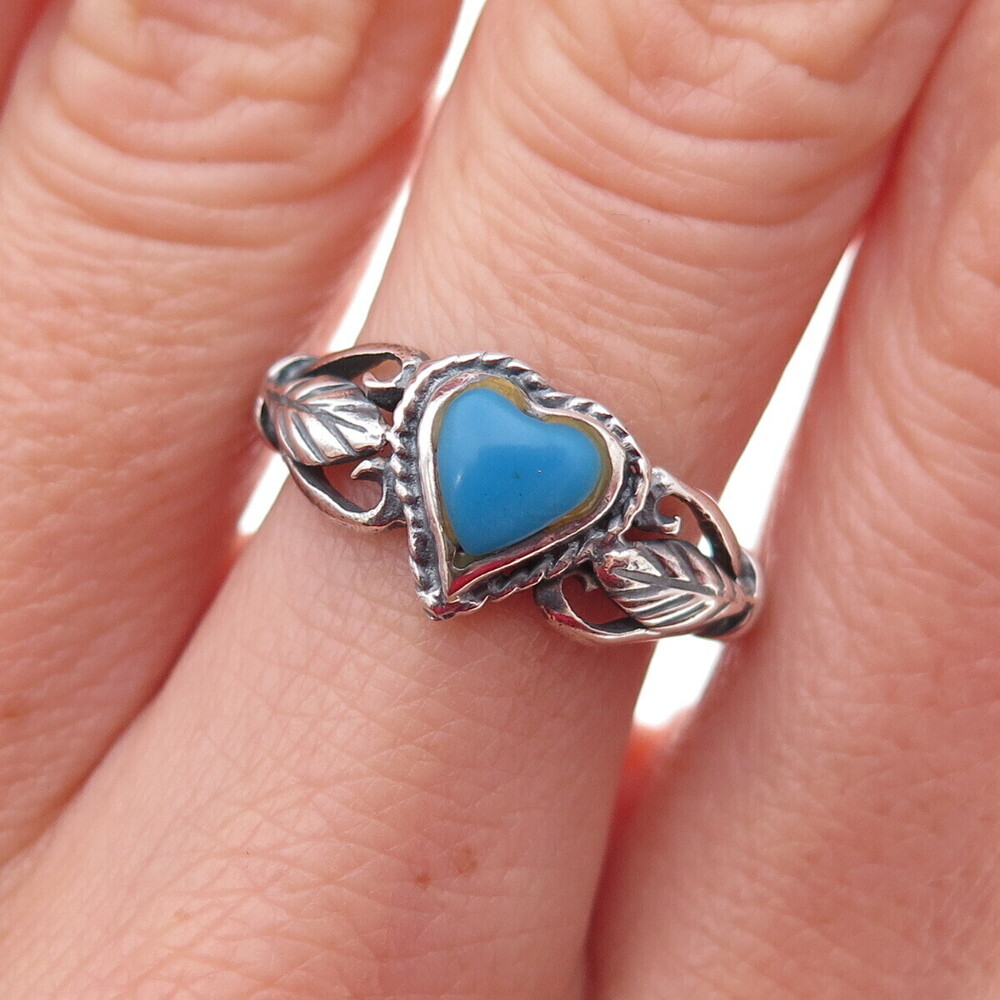 925 Sterling Silver Vintage Real Turquoise Heart Floral Ring Size 7.75